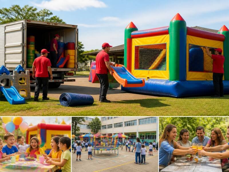 Equipe de locadora especializada em Alvorada-rs montando brinquedo inflável em festa