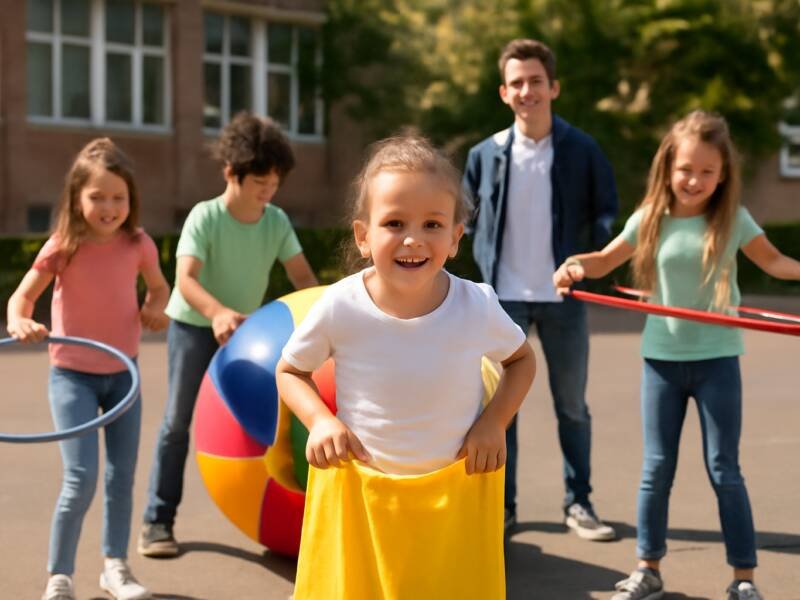 Crianças se divertindo com brinquedos que fazem sucesso em uma festa escolar